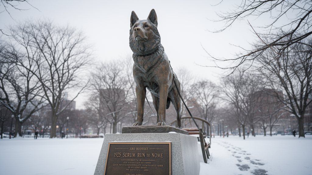 A bronze statue of Balto the sled dog standing in a snowy park, with a plaque reading 'Balto 1925 Serum Run'