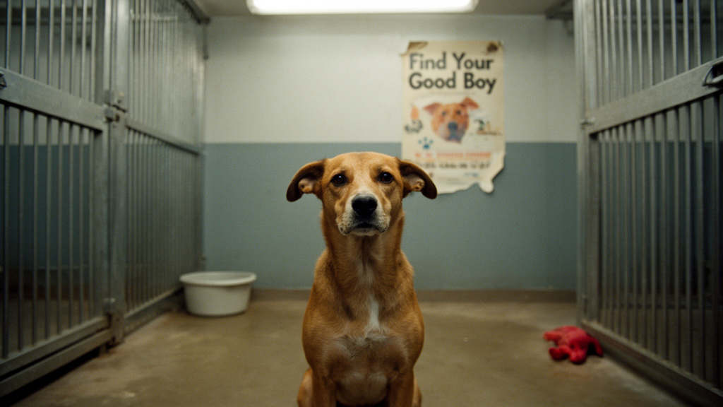 A quiet, suppressed shelter dog sitting alone in a kennel, embodying the adoption myth about good behavior
