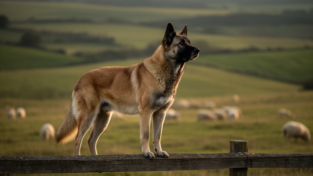 Anatolian Shepherd dog standing guard on a fence overlooking a field