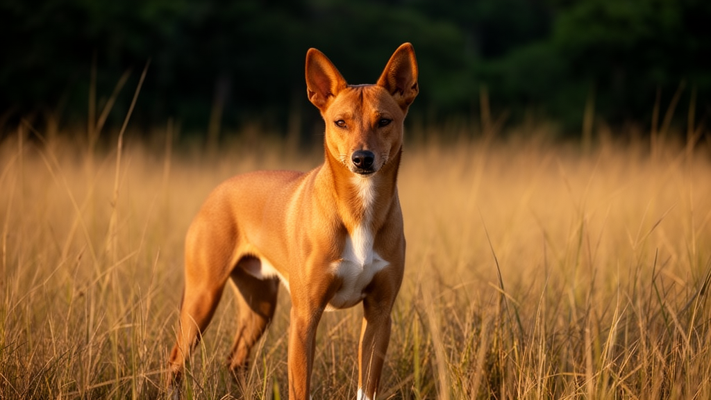 A fawn-colored Basenji standing alert in tall savanna grass, its tight coat and high-set ears visible, with a focus on its unique facial structure and lack of barking behavior.