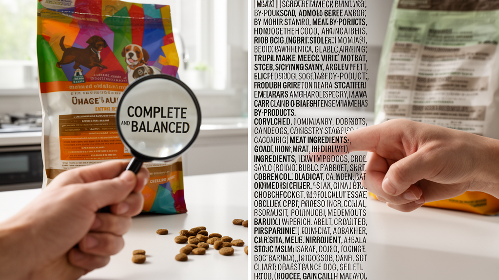 Close-up of dog food labels on kibble bags showing protein percentages