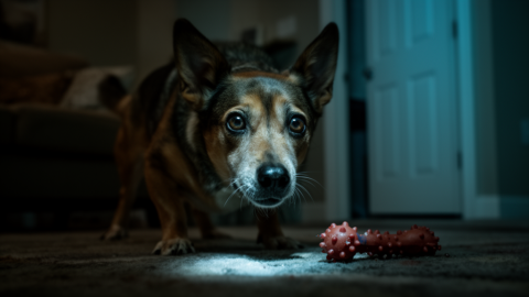A dog with ears pinned back freezing in fear after a sudden loud noise