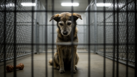 A suppressed dog sitting quietly in a shelter kennel, avoiding eye contact and staring at the floor