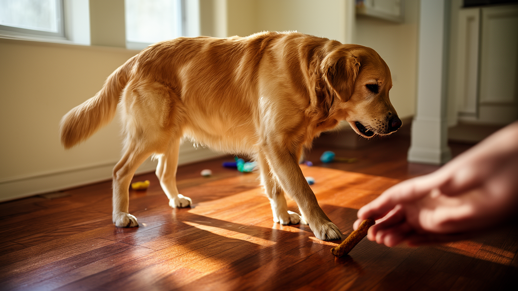 A golden retriever resource guarding a chew toy with a low growl, showing the behavior clearly