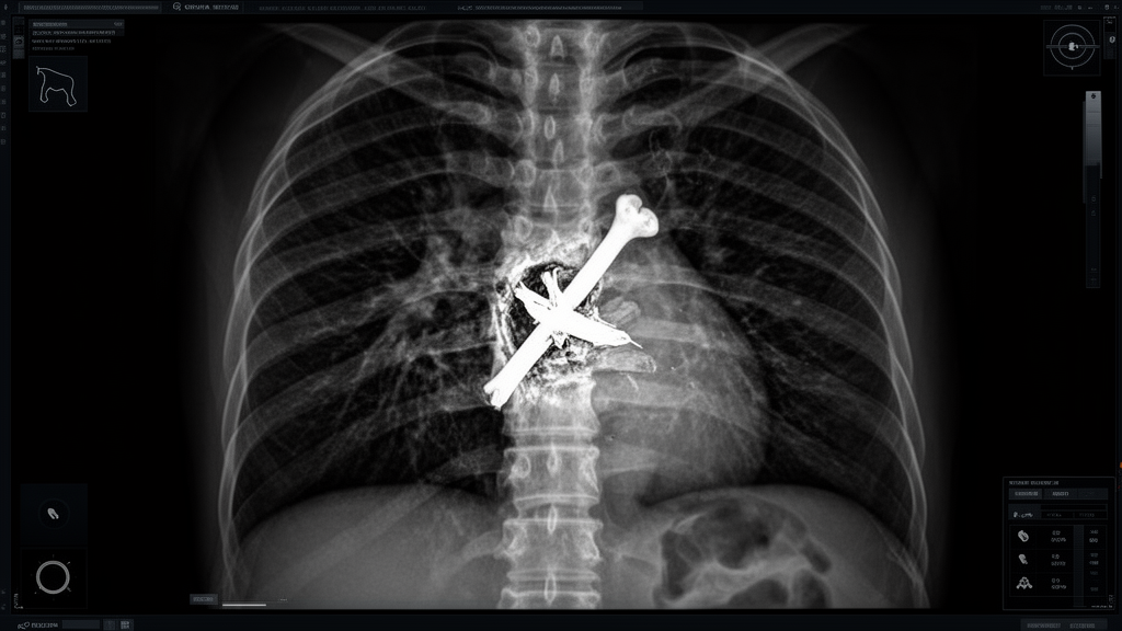 X-ray image showing a fractured esophagus dog case from bone ingestion