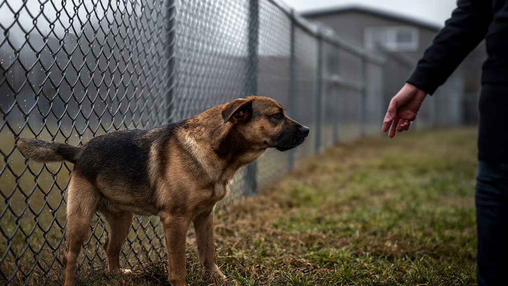 A rescue dog looking up at his owner, tail low, ears back, on a leash in a shelter yard
