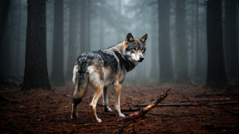 A wolf-dog hybrid standing in a forest clearing, looking alert