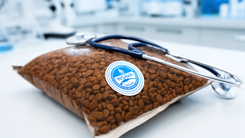 A bag of premium kibble with a WSAVA feeding guidelines seal clearly visible on the front label
